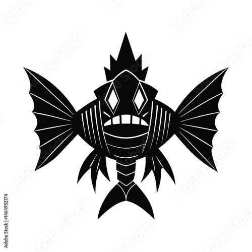 Stylized black and white cartoon fish illustration with spiked crown and decorative fins isolated on white