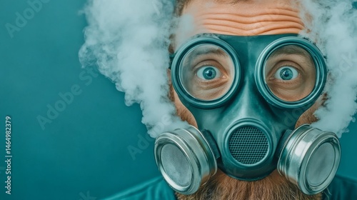 Man wearing a gas mask with smoke, expressing surprise and curiosity