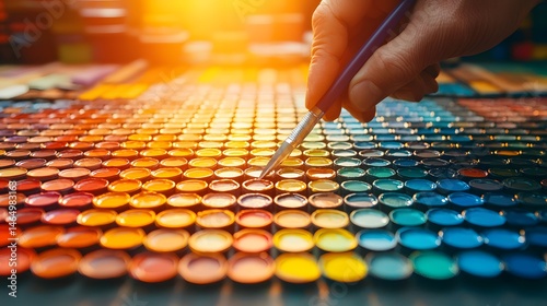 Artist's Hand Painting with Brush on Colorful Paint Palette