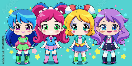 Adorable Kawaii Anime Girls Group Posing Together