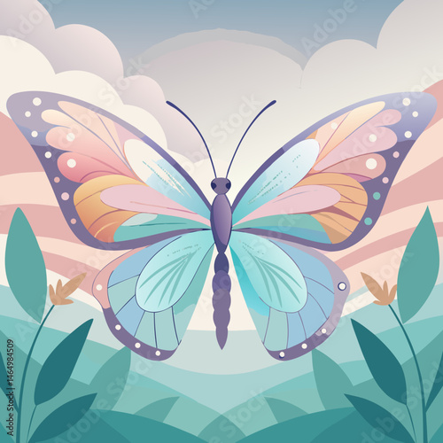 Pastel Butterfly in a Serene Landscape Illustration