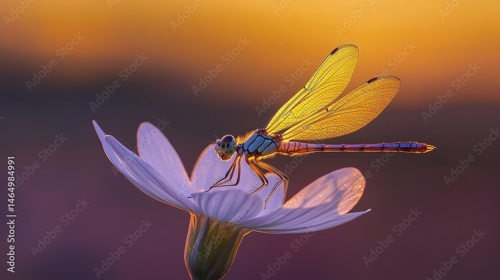 Golden Hour Dragonfly Perched on Delicate White Flower Petal Backlit Wings Soft Focus Background Golden Hour Dragonfly Perched on Delicate White Flower Petal Backlit Wings Soft Focus Background