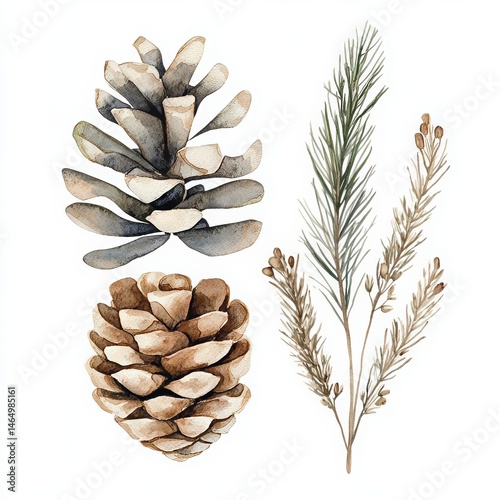 Watercolor clipart showcasing pine cones and long leaves in neutral colors, set against a white background. This delicate artwork captures the natural beauty of the pine cones and long leaves, making 