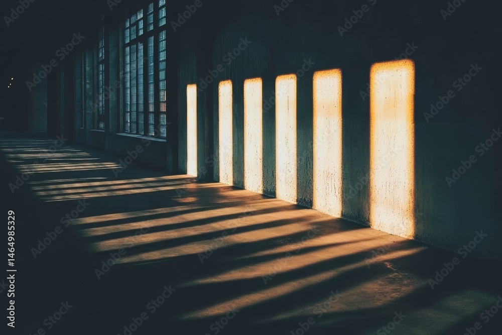 Naklejka premium Long hallway with sunlit windows casting shadows.