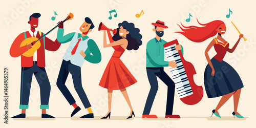 Diverse Musicians Playing Instruments Together in a Band