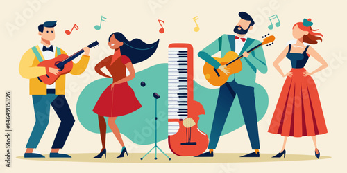 A Diverse Musical Group Performing on Stage with Instruments