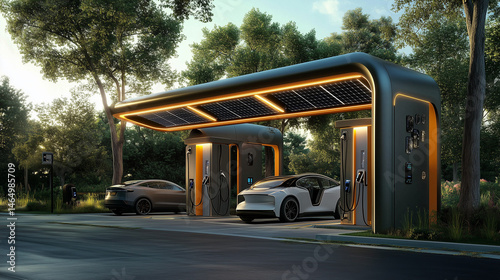 Electric vehicles charging at a modern station surrounded by trees  