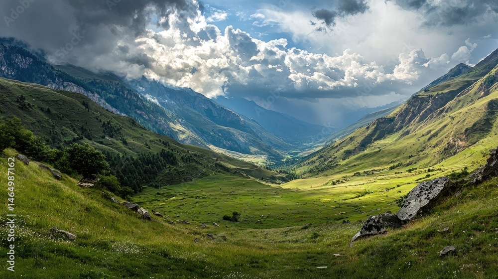 Fototapeta premium Lush valley nestled between towering mountain ranges.