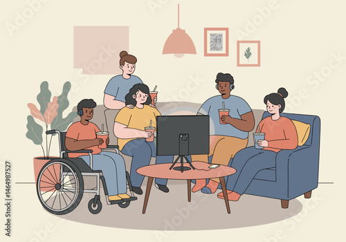 Inclusive movie night — diverse friends watching TV together at home