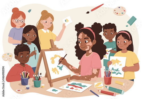 Diverse children in art class, girl with vitiligo painting — inclusive creativity vector illustration