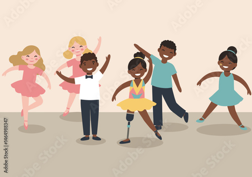 Diverse children dancing together, including a girl with a prosthetic leg — inclusive dance class vector