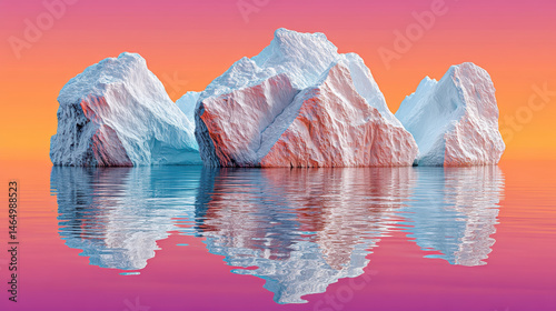 Icebergs floating in calm water with vibrant pink and orange sky creating peaceful scene