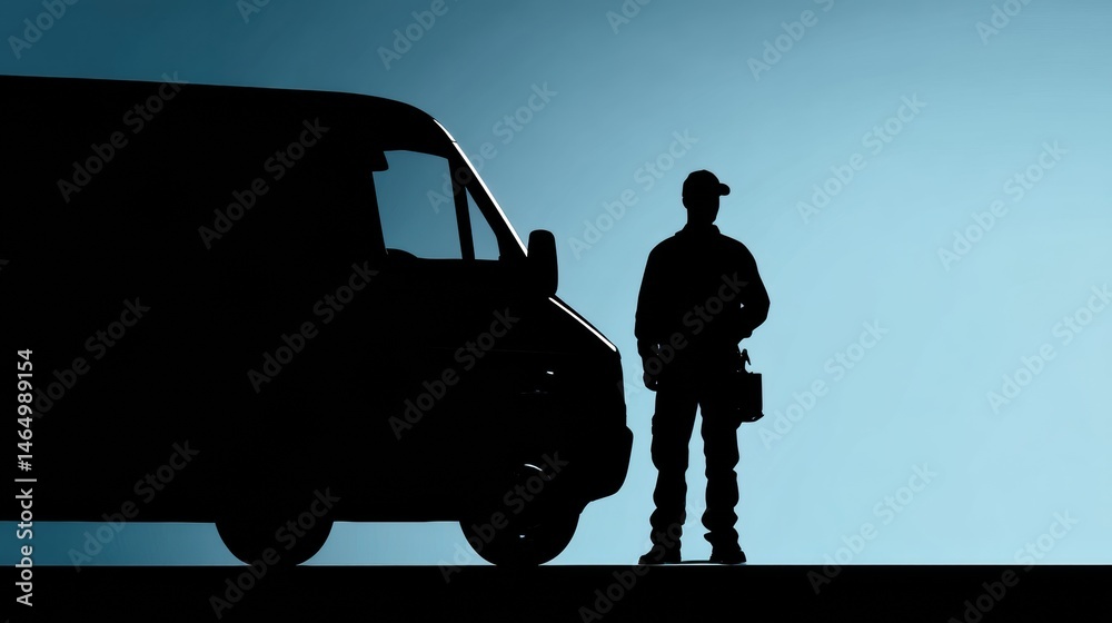Fototapeta premium Service Worker Silhouette Standing Next to Delivery Van at Dusk, Preparing for Evening Tasks Generative AI