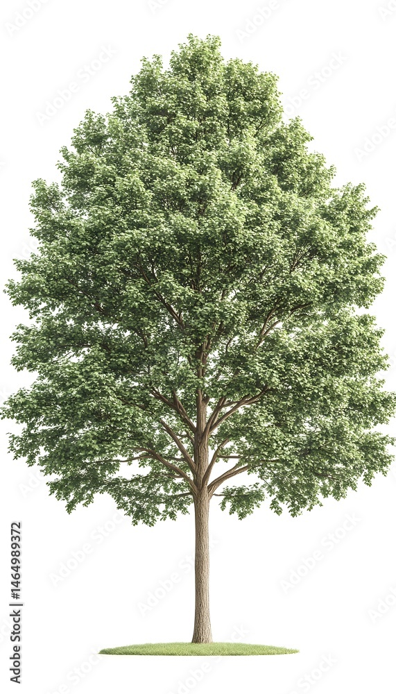 Fototapeta premium A lush, green deciduous tree stands tall against a white background, showcasing its full, healthy foliage and robust trunk