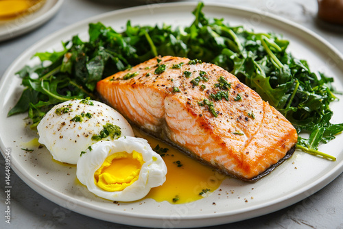 Plate of baked salmon, poached egg and greens highlighting the balance of protein, fat and carbohydrates