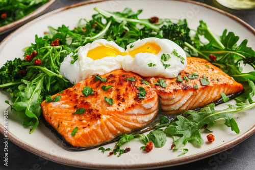 Plate of baked salmon, poached egg and greens highlighting the balance of protein, fat and carbohydrates