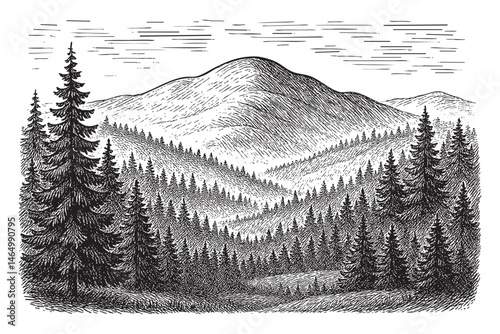 mountain scene set woodcut engraving vector illustration