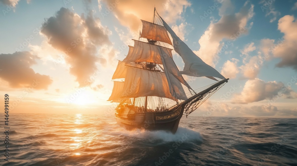 Obraz premium Sailing into Sunset A Majestic Tall Ship on the Open Sea