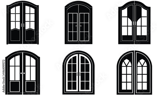 French Door Silhouette Set – Elegant Glass Paneled Double Door Vector Collection for Home and Architectural Design
