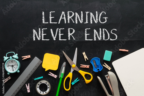 Blackboard with the words learning never ends written on it