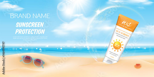 Sunscreen ad poster template. Flyer with tube of sunscreen on beach sand with sunny sea shore on background. Vector 3d ad illustration for promotion of summer goods and cosmetics.