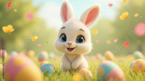 Cute bunny with big eyes surrounded by colorful eggs and flowers in sunny meadow, evoking joy and playfulness