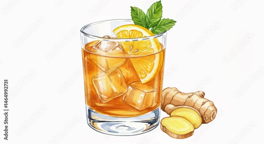 Fototapeta premium Refreshing Ginger Lemon Iced Tea: A cool, invigorating drink featuring a glass of iced tea with a slice of lemon and a sprig of mint.