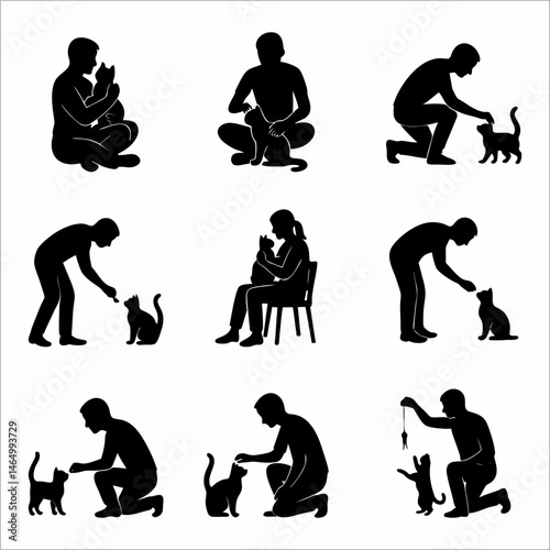 a collection of human silhouettes interacting with cats
