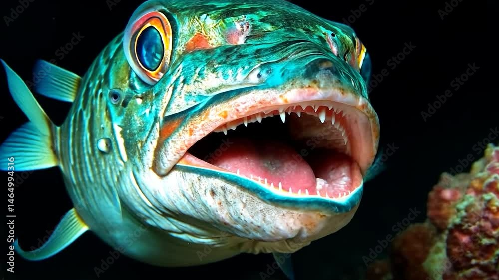 Close-up of a teal and blue fish with large eyes and visible teeth, set against a dark background with coral. Underwater photography