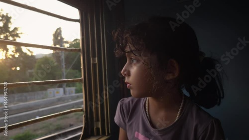 Selective focus on girl child sitting near window and looking outside of window in train.