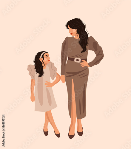 Illustration of mom and daughter on light pink background. Greeting card for mom's day.