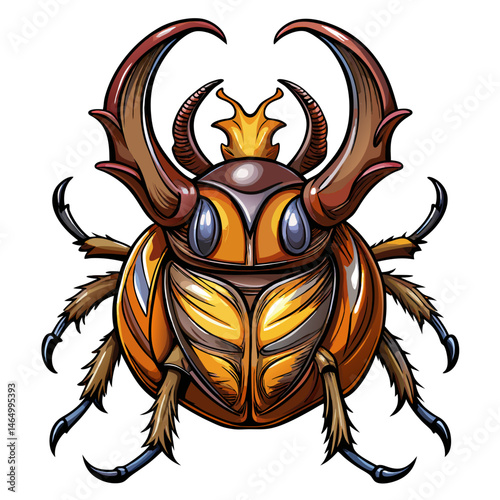 A detailed vector illustration of a rhinoceros beetle with a large horn and shiny brown exoskeleton, isolated on a white background