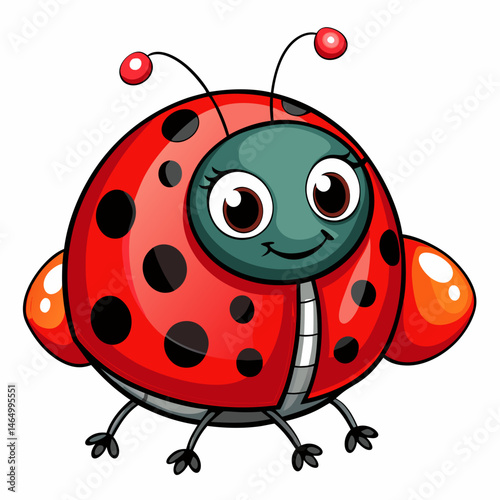 A cute vector illustration of a red ladybug with black spots and tiny legs, isolated on a white background
