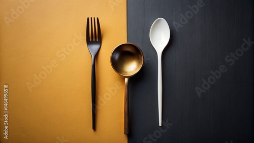 Stylish Flat Lay  Elegant Black Fork, Golden Ladle, and White Spoon on Contrasting Surfaces