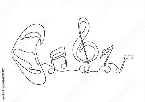  Singing mouth. female mouth that sings and musical notes. Template for banner, poster, social media and ads. continuous one line illustration. Vector minimalist linear illustration. Editable stroke.
