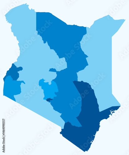 Map of Kenya with regions. A simple country border map with regional divisions. Light blue color palette. Flat Republic of Kenya shape with administrative division. Vector illustration.