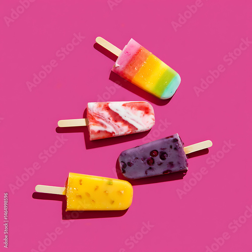Summer's Sweet Escape: A Rainbow of Colorful Popsicles Against a Bold Pink Background