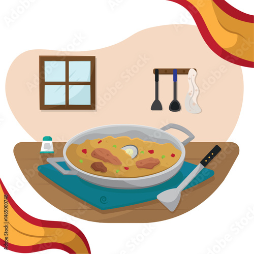 Traditional Spanish paella dish. Vector