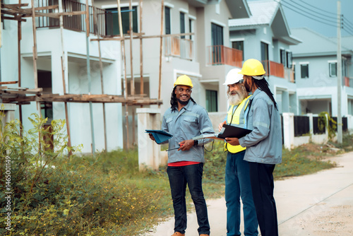 Construction engineers and their team are discussing the site preparation plan for installing solar panels, setting up the working system for an energy-saving housing project and exterior overview.