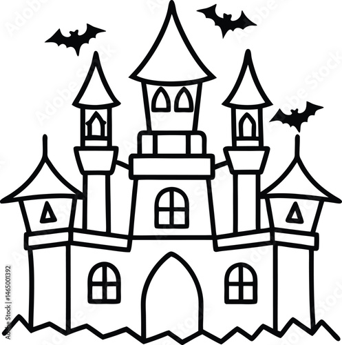 Spooky Gothic Castle Line Art Minimal Halloween Vector Illustration