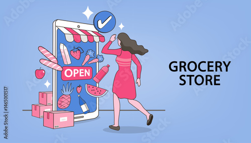 Online grocery store concept. A woman shops for food from a supermarket on a giant smartphone. Vector for e-commerce, food delivery service, and mobile application.