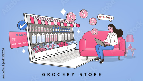 Illustration of young woman using laptop to buy groceries online. Suitable for online supermarket, digital lifestyle, food delivery services, and ecommerce UX design.