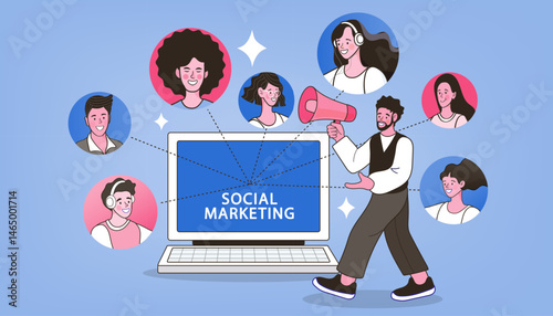 Social network promotion. New message notification. Man chat on mobile phone. Social media marketing concept. Marketer with megaphone attracting new customers, promotes business. Vector illustration.