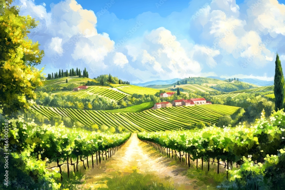 Naklejka premium Rustic vineyard with rows of grapevines and rolling hills.