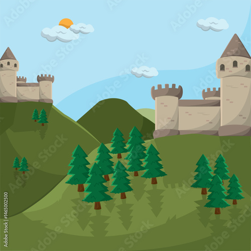 Castles on mountain hills. Vector