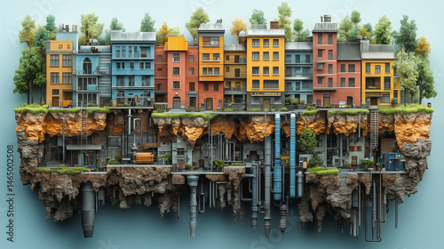 Colorful urban buildings floating on rock island with underground infrastructure, sustainable city concept showing water systems and hidden utilities