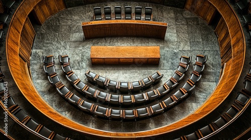 Interior of a modern legislative chamber featuring circular seating arrangement and wooden accents in an official setting