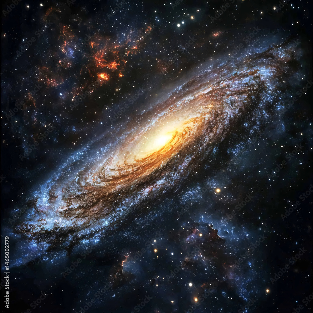 Fototapeta premium Vivid depiction of a spiral galaxy, ablaze with stars, and captivating the immense beauty of the cosmos.
