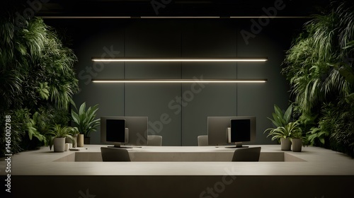 setup with dual monitors, smart lighting, and indoor plants