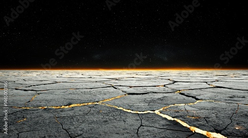 A cracked, dry desert landscape under a starry night sky with a faint orange glow on the horizon.